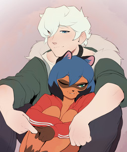 anthro blue_hair bottomwear clothing collar cuddling duo female fur hair jacket male male/female pants sitting tan_body tan_fur topwear touching_hand conditional_dnp pudgeruffian brand_new_animal studio_trigger michiru_kagemori shirou_ogami canid canine human mammal raccoon_dog 5:6 absurd_res hi_res