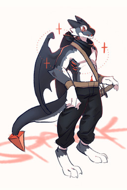 anthro armband biped black_body black_bottomwear black_clothing black_kerchief black_neckerchief black_pants bottomwear clothed clothing glistening glistening_eyes grey_body kerchief leg_markings male markings navel neckerchief neckwear pants pupils red_eyes simple_background slit_pupils smile socks_(marking) solo standing tail three-quarter_view topless unsigned white_body asnnonaka mythology spark_(asnnonaka) dragon mythological_creature mythological_scalie scalie 2:3 full-length_portrait letterbox portrait