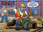 anthro armor being_watched blush bottomwear bottomwear_down bucket butt_slap clothed clothing construction_site construction_worker container detailed_background duo_focus embarrassed front_view group hand_on_back hard_hat headgear helmet horn looking_at_another male mature_male necktie on_lap open_mouth osha_violation outside over_knee pain pants pants_down partially_clothed public punishment side_view sitting slap spank_marks spanking spanking_focus speech_bubble suitcase text worker knest lagomorph mammal rhinoceros 2d_animation animated animated_png english_text loop short_playtime