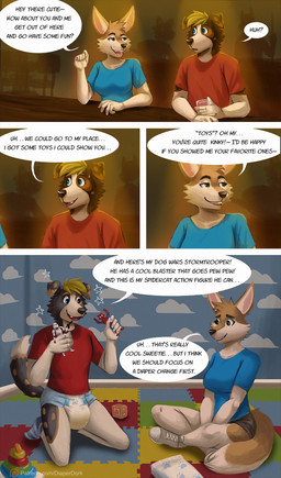 4_panel_comic ageplay anthro bar black_body black_fur blonde_hair blue_eyes bodily_fluids brown_body brown_fur clean_diaper clothed clothing crossed_legs dialogue diaper duo female folded_diaper footwear fur genital_fluids hair innuendo kneeling male male/female open_mouth roleplay shirt shoes sitting speech_bubble text topwear toy unclean_diaper urine used_diaper wearing_diaper wet_diaper wetness_indicator white_body white_fur diaperdork cody_(diaperdork) border_collie canid canine canis collie domestic_dog fennec_fox fox herding_dog mammal pastoral_dog sheepdog true_fox comic english_text hi_res