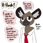 adolescent age_regression aged_down anthro blush clothing collar dialogue freckles front_view interrobang male necktie shirt solo t-shirt text topwear young young_anthro young_male saltyxodium aggretsuko sanrio haida_(aggretsuko) hyena mammal spotted_hyena 1:1 english_text hi_res