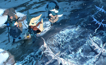 amazing_background anthro blue_eyes blush boots bow_(weapon) brown_body brown_eyes brown_fur clothed clothing coat detailed_background earmuffs feral floppy_ears fluffy fluffy_tail flying footwear fur green_scarf group hat headgear headwear holding_object holding_staff inner_ear_fluff kemono lamp lantern larger_anthro magic_user open_mouth ranged_weapon red_scarf scales scarf shaking shivering shoes size_difference smaller_feral snow staff standing tail topwear tuft walking water wave weapon white_body white_fur white_scales winter witch_hat yellow_body yellow_fur pippi913 mythology canid canine canis collie domestic_dog dragon fox herding_dog mammal mythological_creature mythological_scalie pastoral_dog scalie sheepdog 2016 detailed digital_media_(artwork) digital_painting_(artwork) hi_res painting_(artwork)