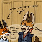 anthro clothing dialogue directional_arrow duo fangs humor jacket kerchief male open_mouth smile teeth topwear tuft aspen_the_fox canid canine fox mammal red_fox true_fox 2024 hi_res