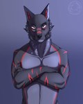 anthro black_claws black_eyebrows black_nose claws crossed_arms eyebrows fingers fur grey_body grey_fur inner_ear_fluff male multicolored_body multicolored_fur red_eyes red_inner_ear_fluff solo standing stripes tuft inukuroo canid canine canis mammal wolf hi_res