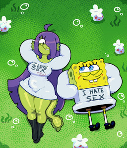 anthro asexual big_sweater blue_eyes buckteeth clothing duo ear_fins eye_contact eyelashes female fin footwear grass green_body green_skin hair hair_over_eye long_hair looking_at_another looking_at_partner lying lying_on_grass male male/female on_back on_grass on_ground plant shirt shoes simple_background smile smiling_at_another smiling_at_partner sweater teeth text text_on_clothing text_on_sweater text_on_topwear topwear underwater water yellow_body somescrub nickelodeon spongebob_squarepants eelie_applebottom fan_character spongebob_squarepants_(character) aquatic eel fish sea_sponge hi_res