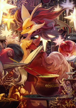 ambiguous_gender anthro book bow_ribbon candle cauldron crystal_ball duo eyelashes fungus fur hair holding_another holding_object holding_weapon inner_ear_fluff looking_at_another multicolored_body mushroom neonate orange_eyes pacifier plant red_body red_fur size_difference stick tail tuft weapon white_body white_fur white_hair yellow_body young ame_ivysaur nintendo pokemon canid canine delphox generation_6_pokemon human mammal pokemon_(species) 2024 hi_res