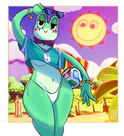 anthro bikini bikini_bottom breasts clothing crop_top eyewear female looking_at_viewer shirt solo sunglasses swimwear topwear two-piece_swimsuit under_boob world_cup azulejo glitch_productions gta_vi_cover_girl the_amazing_digital_circus ribbit_(tadc) sun_(tadc) amphibian frog hi_res