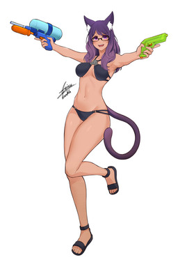 bikini breasts clothed clothing eyewear female glasses hair long_hair navel purple_eyes purple_hair simple_background solo swimwear toy toy_gun two-piece_swimsuit water_gun white_background airisubaka animal_humanoid cat_humanoid felid felid_humanoid feline feline_humanoid humanoid mammal mammal_humanoid 2020 absurd_res hi_res