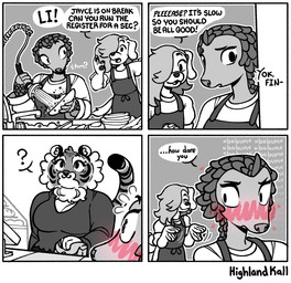4_panel_comic anthro apron asterisk_(symbol) bag black_apron black_clothing black_ears black_nose black_pawpads black_stripes black_text blush blush_lines blushing_profusely bodily_fluids bread cash_register cheek_tuft clothing collared_shirt comic_panel constricted_pupils dialogue dirty_dishes dish display_case dress_shirt ellipsis emanata facial_tuft female female/female flying_sweatdrops food gesture group hand_gesture heart_beating heart_symbol holding_bag holding_object infatuation inner_ear_fluff interrupted_speech long_tail looking_at_another looking_back looking_up markings oblivious onomatopoeia open_mouth open_smile pawpads pink_blush pink_hearts pseudo_hair pupils question question_mark scale_hair scales shirt shocked side_part_hair sink small_ears small_pupils smile snout sound_effects speech_bubble spraying_water striped_markings striped_tail stripes sweat sweatdrop tail tail_markings text topwear trio tuft waiting waiting_in_line washing_dishes water white_inner_ear white_inner_ear_fluff white_text highlandkall jun_(highlandkall) li_(highlandkall) naomi_(highlandkall) canid canine canis domestic_dog felid mammal pangolin pantherine tiger 2024 comic digital_drawing_(artwork) digital_media_(artwork) english_text hi_res monochrome partially_colored signature