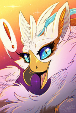 anthro attack beak fantasy feathers female fluffy glowing glowing_eyes open_mouth solo sunset sunny_way art_fight artfight artfight2025 mythology avian gryphon mythological_avian mythological_creature hi_res portrait