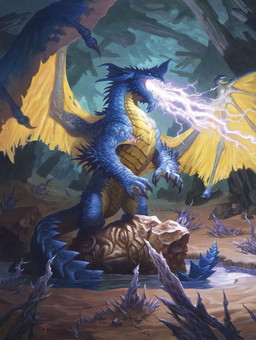 ambiguous_gender blue_body blue_scales breath_powers claws crystal detailed_background electricity electricity_breathing electricity_manipulation elemental_manipulation feral membrane_(anatomy) membranous_wings open_mouth sand scales spread_wings standing tail water wings yellow_body yellow_scales steve_prescott hasbro magic:_the_gathering mythology wizards_of_the_coast dragon mythological_creature mythological_scalie scalie hi_res official_art