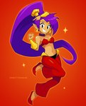 breasts clothing ear_piercing ear_ring female footwear hair humanoid_pointy_ears long_hair looking_at_viewer not_furry piercing pointy_ears ponytail purple_hair ring_piercing simple_background smile solo tan_body tan_skin dingitydingus shantae_(series) wayforward shantae genie humanoid absurd_res hi_res signature