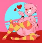 big_breasts breasts clothing female genitals grin legwear multi_limb nipples not_furry one_eye_closed pink_body pink_skin pussy smile solo thigh_highs wink dabbledraws sugar_(dabbledraws) mammal 2017 hi_res