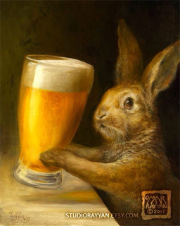 alcohol ambiguous_gender beer beer_glass beverage brown_body brown_fur feral fur holding_beer holding_beverage holding_object looking_away looking_up solo whiskers omar_rayyan lagomorph leporid mammal rabbit 2017 traditional_media_(artwork)