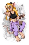 4_toes anthro bandage bandaged_arm barefoot battery belly beverage black_clothing black_crop_top black_shirt black_topwear blonde_hair blue_eyes bottomwear breasts chip_'n_dale_rescue_rangers cigarette claws clock clothing coffee container crop_top cup disney eyewear feet female fur gadget_hackwrench goggles graphite_(artwork) grey_background greyscale_background hair holding_container holding_cup holding_object long_hair mammal micro mouse mug murid murine navel oil pants paws pencil_(artwork) pencil_(object) pink_inner_ear pink_nose plunger purple_bottomwear purple_clothing purple_pants rodent shirt simple_background sitting smoking solo tail tan_body tan_fur thin_tail toes topwear traditional_media_(artwork) watch white_claws workshop wristwatch writing_utensil zterry