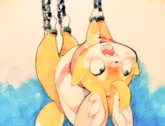 ahoge all_fours ambiguous_gender blue_eyes blush bodily_fluids bottomless bound chain chained clothed clothing cute_fangs fangs feral fur hair hands_tied hanging_by_feet inner_ear_fluff legs_tied multicolored_body multicolored_fur orange_body orange_fur simple_background solo suspension sweat sweatdrop teeth topwear tuft two_tone_body two_tone_fur upside_down 100_(artist) cygames world_flipper light_(world_flipper) canid canine fox mammal 2020 absurd_res hi_res painting_(artwork) traditional_media_(artwork) traditional_painting_(artwork) traditional_watercolor_(artwork) watercolor_(artwork)