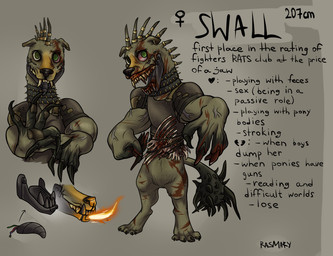 alternate_universe anthro armor big_hands blood bodily_fluids bone claws female fire jaw leather leather_armor metal open_mouth prosthetic prosthetic_jaw ridge scar solo standing teeth text thorns rasmary fallout_equestria hasbro my_little_pony mythology fan_character swall_(rasmary) canid canid_demon canine canis demon domestic_dog hellhound mammal monster mythological_canine mythological_creature 2026 digital_media_(artwork) english_text hi_res