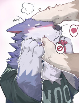 5_fingers ambiguous_gender anthro black_claws blush claws clothing disembodied_hand duo eyebrows eyes_closed finger_claws fingerpads fingers flustered front_view fur green_clothing green_shirt green_topwear hand_on_head headpat heart_symbol mouth_closed multicolored_body multicolored_fur no_symbol pawpads petting pink_background pink_pawpads purple_body purple_fur red_inner_ear rubbing_cheek shirt simple_background snout solo_focus speech_bubble tan_body tan_fur text text_on_clothing text_on_shirt text_on_topwear topwear two_tone_body two_tone_fur whisker_spots whiskers white_background white_body white_eyebrows white_fur kuromonsart canid canine mammal 2025 absurd_res artist_name bust_portrait dated digital_drawing_(artwork) digital_media_(artwork) hi_res pictographics portrait