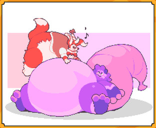 belly big_belly border clothing duo fur hair hand_on_belly hat headgear headwear huge_belly hyper hyper_belly musical_note musical_symbol orange_border party_hat pink_belly pink_tail purple_body purple_fur purple_hair red_body red_fur shadow simple_background symbol tail white_background white_body white_fur white_tail newputty bomberman konami pantaloon twistarooi american_opossum kangaroo louie_(bomberman) macropod mammal marsupial 2025 2d_animation animated loop seamless_loop