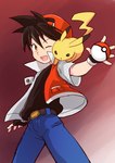 ambiguous_gender biped black_hair brown_eyes clothed clothing duo feral fully_clothed fur hair male one_eye_closed open_mouth open_smile pokeball red_background simple_background smile standard_pokeball standing yellow_body yellow_fur minattyo nintendo pokemon pokemon_trainer red's_pikachu red_(pokemon) generation_1_pokemon human mammal pikachu pokemon_(species) rodent 2019 digital_media_(artwork)