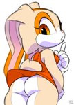 anthro bottomless bottomless_female breasts brown_eyes bubble_butt butt butt_focus clothed clothing dress female fur gloves handwear looking_at_viewer looking_back low-angle_view no_underwear pink_nose solo tan_body thick_thighs xylas sega sonic_the_hedgehog_(series) cream_the_rabbit lagomorph leporid mammal rabbit 2021 hi_res