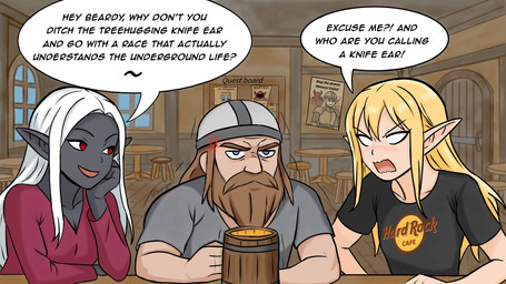 angry armor bar beard beer_mug beer_stein black_body black_clothing black_shirt black_skin black_t-shirt black_topwear blonde_hair blue_eyes brown_beard brown_facial_hair bulletin_board clothing container counter cross-popping_vein cup dialogue door eyebrows facial_hair fantasy_slur female fire flirting frustrated furniture grey_clothing grey_shirt grey_topwear group hair hand_on_face headgear helmet holding_container holding_cup holding_mug holding_object humanoid_pointy_ears inside insult knife_ear knight long_hair long_sleeve_shirt looking_at_another love_triangle male missing_poster motion_lines mug no_pupils not_furry open_mouth pointy_ears poster propaganda_poster red_clothing red_eyes red_shirt red_topwear shirt speech_bubble stein stool t-shirt table tavern tavern_background text topwear trio wall_(structure) wanted_poster warrior white_body white_hair white_sclera white_skin wood wood_furniture wood_mug wood_table wood_wall oranyaa hard_rock_cafe lori_(oranyaa) unnamed_character demon domestic_cat drow dwarf elf felid feline felis goblin humanoid mammal 16:9 2025 comic digital_drawing_(artwork) digital_media_(artwork) english_description english_text hi_res watermark widescreen