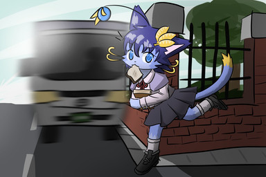 anthro bread clothing eat_and_run female food imminent_death running school_uniform solo toast toast_of_tardiness truck uniform vehicle yuumisocute league_of_legends riot_games tencent yuumi_(lol) domestic_cat felid feline felis mammal 3:2