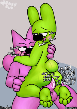 anal anthro blush bouncing cowgirl_position from_front_position moan on_bottom on_top onomatopoeia penetration penile penile_penetration sex sound_effects text honeybud hoops_and_yoyo hoops_(hoops_and_yoyo) yoyo_(hoops_and_yoyo) felid lagomorph leporid mammal rabbit absurd_res hi_res