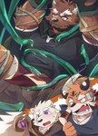 anthro band-aid bandage black_nose blush bottomwear bound brown_body brown_fur bulge clothing eyes_closed fur group kemono male musclegut muscular shirt shorts staff tentacles topwear boar_stag144 bear felid mammal pantherine tiger 2022 absurd_res hi_res