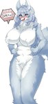 anthro big_breasts blue_eyes blush breasts butt crotch_tuft female fur fur_covering_nipples hair hands_on_stomach kemono long_hair mane naturally_censored navel nipple_tuft nude open_mouth overweight pinch pubes solo standing teeth thick_thighs tongue tuft kkhyun5016 canid canine canis mammal wolf digital_media_(artwork) hi_res