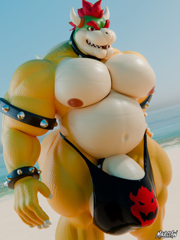 accessory anthro armor beach belly big_belly big_bulge big_muscles big_pecs bikini_thong bracelet bulge claws clipping clothed clothing collar day detailed_background detailed_bulge finger_claws hair hand_on_hip headgear huge_pecs jewelry light low-angle_view male musclegut muscular muscular_anthro muscular_male nipples non-mammal_nipples outside overweight pecs pink_nipples public red_eyes red_hair scales shell smile smirk solo spiked_bracelet spiked_collar spikes spikes_(anatomy) summer sunlight sunny swimwear teeth thick_thighs thong topless topless_male underwear maulclaw codans_(modeler) bowser_day mario_bros mythology nintendo bowser dragon dragon_koopa koopa mythological_creature mythological_scalie reptile scalie 2026 3:4 3d_(artwork) blender_(artwork) blender_cycles_(artwork) blender_eevee_(artwork) digital_media_(artwork) tagme