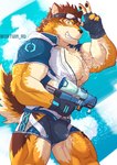 anthro biceps bottomwear bulge clothing countershading eyewear fingerless_gloves gloves goggles grin handwear hip_window male muscular muscular_anthro muscular_male pecs shorts smile solo swimwear thick_thighs toy toy_gun water_gun ortwin_rd lifewonders live_a_hero barrel_(live_a_hero) canid canine canis mammal wolf hi_res