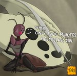 annoyed anthro armor blush bone bottomwear clothed clothing clothing_lift defeated dialogue embarrassed female headgear helmet lance mask melee_weapon polearm side_slit_skirt skirt skirt_lift skull solo weapon the_nameless_guy hollow_knight team_cherry god_tamer_(hollow_knight) arthropod blattodea cockroach insect hi_res