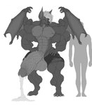 anthro big_muscles big_penis bodily_fluids bottomwear clothing cum ejaculation featureless_chest genital_fluids genitals huge_muscles huge_penis hyper hyper_genitalia hyper_muscles hyper_penis male muscular muscular_wings penis shorts solo spread_wings torn_bottomwear torn_clothing torn_shorts vein veiny_penis wings hutska_(artist) bat mammal full-length_portrait hi_res monochrome portrait