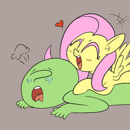 ambiguous_gender ambiguous_penetration blush bodily_fluids duo feral green_body hair heart_symbol inner_ear_fluff open_mouth penetration pink_hair spread_wings tears tongue tongue_out tuft wings yellow_body happy_harvey friendship_is_magic hasbro my_little_pony mythology anon fluttershy_(mlp) equid equine human mammal mythological_creature mythological_equine pegasus