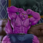 abs absurd_res anthro armpit_hair bernard_(ok_k.o.!_lbh) biceps body_hair canid canine canis cartoon_network clothed clothing fur furniture hands_behind_head hi_res joelbearb looking_at_viewer male mammal muscular muscular_anthro muscular_male mythological_canine mythological_creature mythology navel nipples ok_k.o.!_let's_be_heroes open_mouth pecs purple_body purple_fur sitting smile sofa solo spider_web were werecanid werecanine werewolf wolf
