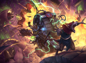 anthro bell brown_clothing brown_gloves brown_handwear clothing crystal electricity explosion flag flag_(object) flying fur gloves grey_body grey_fur group handwear hood lamp male open_mouth tail vehicle lie_setiawan warhammer_(franchise) mammal rodent skaven hi_res official_art