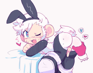 anthro blue_eyes blush butt butt_grab clothing costume disembodied_hand duo fake_ears fake_rabbit_ears flaccid foreskin fur genitals hair hand_on_butt heart_eyes heart_symbol humanoid_genitalia humanoid_penis male one_eye_closed penis presenting presenting_hindquarters reverse_bunny_costume tail white_body white_fur white_hair wink young young_anthro young_male calibro18 ape_escape sony_corporation sony_interactive_entertainment kuuta_(ape_escape) haplorhine mammal monkey primate 2024