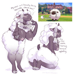 anthro anthrofied big_breasts blush breasts butt cowbell dialogue female feral fur half-closed_eyes hanging_breasts horizontal_pupils horn looking_at_viewer narrowed_eyes nipples nude open_mouth pokemorph pupils screencap simple_background smile solo text thick_thighs wool_(fur) kikimochan nintendo pokemon bovid caprine generation_8_pokemon mammal pokemon_(species) wooloo 2019 english_text hi_res reference_image