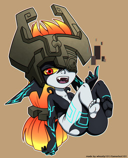 5_fingers 5_toes barefoot clothing feet female fingers fused_shadow gesture hand_gesture headgear headwear humanoid_feet looking_at_viewer markings not_furry one_eye_obstructed open_mouth plantigrade pointing simple_background soles solo toes yellow_sclera barryfactory nintendo the_legend_of_zelda twilight_princess midna humanoid imp twili 2020 hi_res