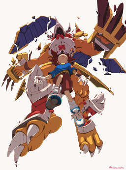 anthro clothing defeated duo eyewear eyewear_on_head footwear front_view gloves goggles goggles_on_head handwear head_back male orange_body shirt shoes simple_background suspension t-shirt topwear white_background white_clothing white_gloves white_handwear kubota_keita bandai_namco digimon taichi_kamiya digimon_(species) human mammal wargreymon hi_res signature