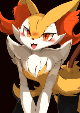 ambiguous_gender anthro arm_tuft blush cheek_tuft chest_tuft facial_tuft fur inner_ear_fluff looking_at_viewer open_mouth open_smile orange_body orange_eyes orange_fur semi-anthro shoulder_tuft smile solo stick tuft white_body white_fur yellow_body izon448 nintendo pokemon braixen canid canine fox generation_6_pokemon mammal pokemon_(species) absurd_res hi_res