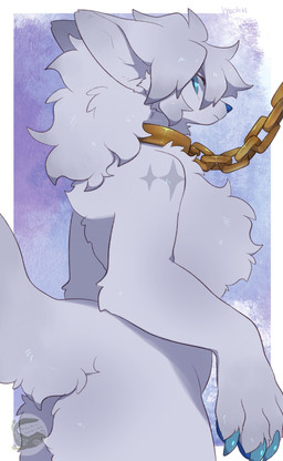 anthro blue_claws blue_eyes blue_nose blue_pawpads chained_collar claws finger_claws fur hair pawpads simple_background solo white_body white_fur white_hair mochiri canid canine fox mammal 2025 absurd_res cel_shading digital_drawing_(artwork) digital_media_(artwork) hi_res shaded