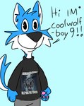 anthro blank_expression blue_body clothing dialogue green_background male pawpads print_clothing print_shirt print_t-shirt print_topwear shirt simple_background solo t-shirt tail talking_to_viewer text text_on_clothing text_on_shirt text_on_t-shirt text_on_topwear topwear spwnkage canid canine canis mammal wolf english_text