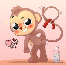 anthro butt condom flaccid fur genitals hair looking_at_viewer male nude penis sexual_barrier_device shota simple_background smile solo standing text young young_anthro polygon5 playkids hau_hau haplorhine mammal monkey primate 2018 absurd_res digital_media_(artwork) hi_res