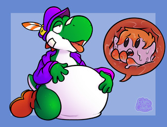 abdominal_bulge ambiguous_gender anthro belly_on_ground clothing duo half-closed_eyes hat hat_feather headgear headwear internal jacket kneeling kneeling_on_ground looking_pleasured loose_feather narrowed_eyes organs stomach tongue tongue_out topwear vore eclairscollection mario_bros nintendo boo_(mario) green_yoshi yoshi