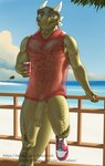 anthro balls beach beverage_can big_balls big_penis blue_eyes bottomless bottomless_anthro bottomless_male chin_spikes clothed clothing erection facial_spikes footwear foreskin genitals green_balls green_penis half-erect hoodie horn huge_penis humanoid_genitalia humanoid_penis long_penis looking_at_viewer male mesh_top muscular muscular_male outside penis railing seaside shoes sleeveless_hoodie solo spikes spikes_(anatomy) topwear translucent translucent_clothing vein veiny_penis water archshen microsoft the_elder_scrolls shen_(archshen) argonian scalie absurd_res hi_res