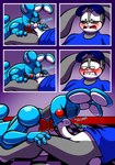 2022 absurd_res animatronic anthro big_breasts blue_body bottomless bottomless_male breasts buckteeth clothed clothing comic digital_media_(artwork) duo english_text erection exclamation_point eyebrows eyelashes eyes_closed eyewear fellatio female female_rape fingers five_nights_at_freddy's five_nights_at_freddy's_2 forced genitals glasses green_eyes grey_body hi_res humanoid_genitalia humanoid_penis lagomorph leporid lying machine male mammal nude on_back open_mouth oral oral_penetration penetration penile penis protagon rabbit reverse_forced_oral robot scottgames sex teeth text tongue toy_bonnie_(fnaf)