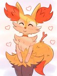 ambiguous_gender anthro black_body black_fur cheek_tuft closed_smile dipstick_tail eyes_closed facial_tuft featureless_crotch fingers front_view fur happy heart_symbol markings mouth_closed multicolored_body multicolored_fur nude orange_body orange_fur orange_nose ruff simple_background smile solo standing stick_in_tail tail tail_markings tuft white_background white_body white_fur yellow_body yellow_fur 4chan_anon nintendo pokemon braixen canid canine generation_6_pokemon mammal pokemon_(species) 2025 digital_media_(artwork) flat_colors hi_res portrait three-quarter_portrait