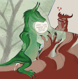ahegao anthro bodily_fluids cum cum_inflation cum_inside cum_on_body dialogue duo female fur genital_fluids green_body green_fur heart_symbol holding_object holding_sex_toy holding_vibrator horn inflation interspecies looking_pleasured male male/female on_top red_body red_scales scales sex sex_toy shaking size_difference speech_bubble text tongue tongue_out tremble_lines trembling vibrator wand_vibrator ramul unknown_species english_text hi_res